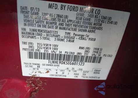 2014 Lincoln Mks from USA, damaged, VIN 1LNHL9DK5EG601523